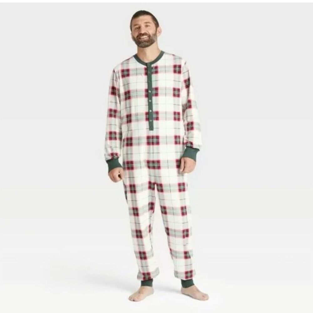 Hearth & Hand Men's Plaid Holiday Union Suit Pajamas Size L New